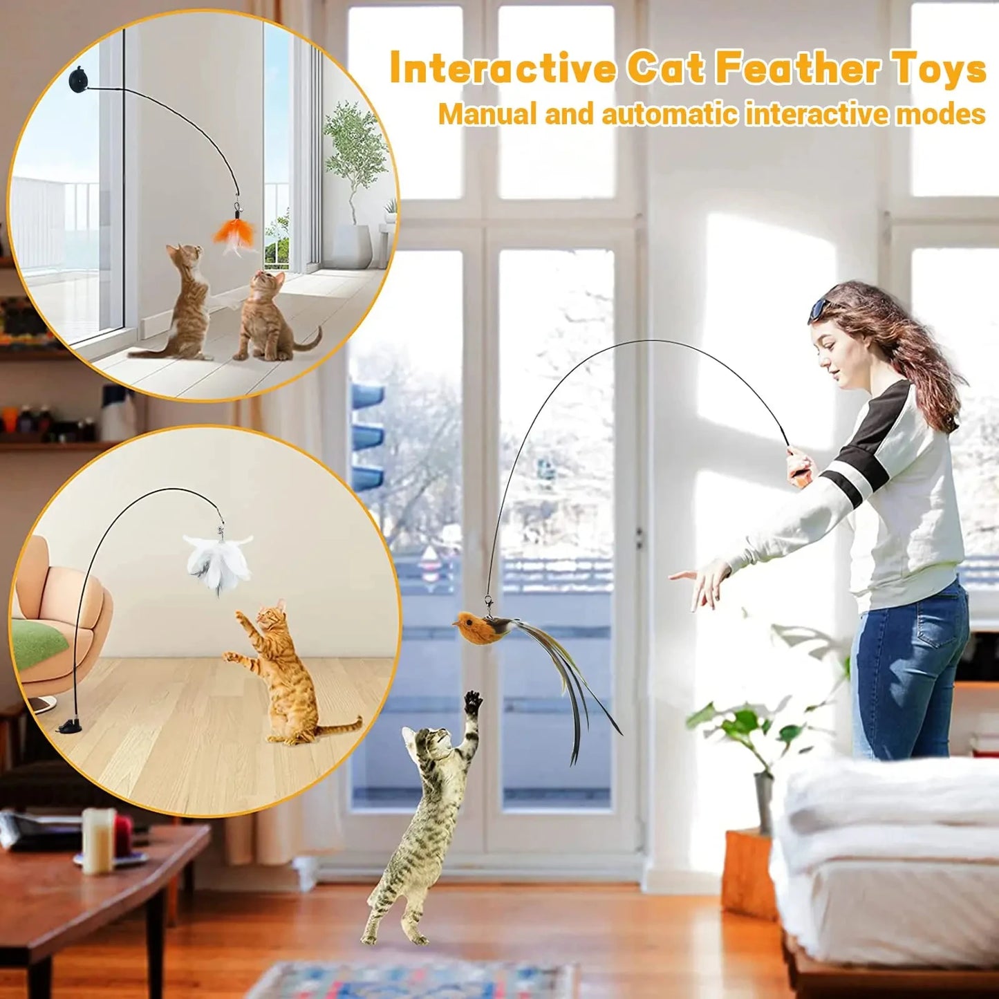 Cats Toys Feathers Wand Interactive with Super Suction Cup Detachable
