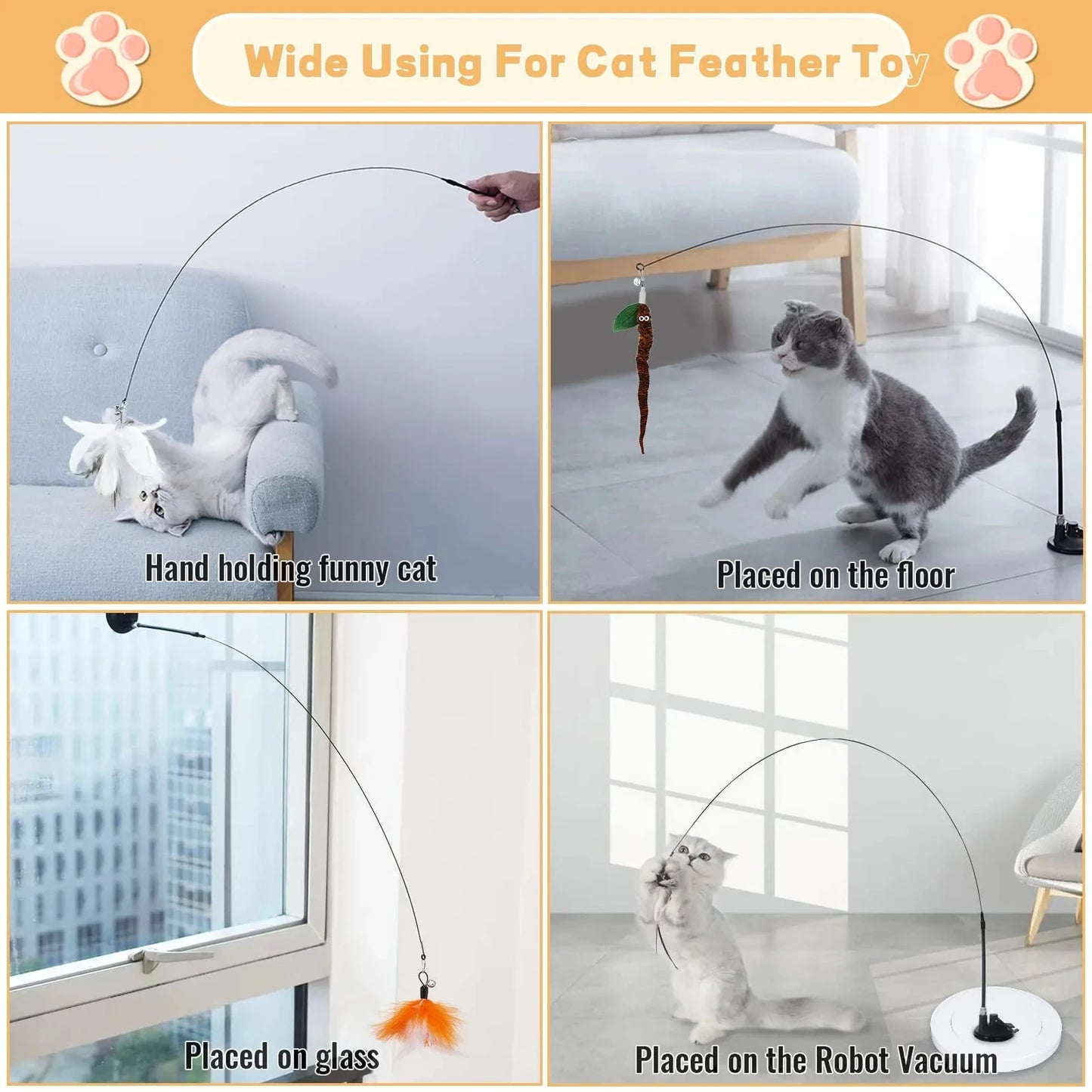 Cats Toys Feathers Wand Interactive with Super Suction Cup Detachable