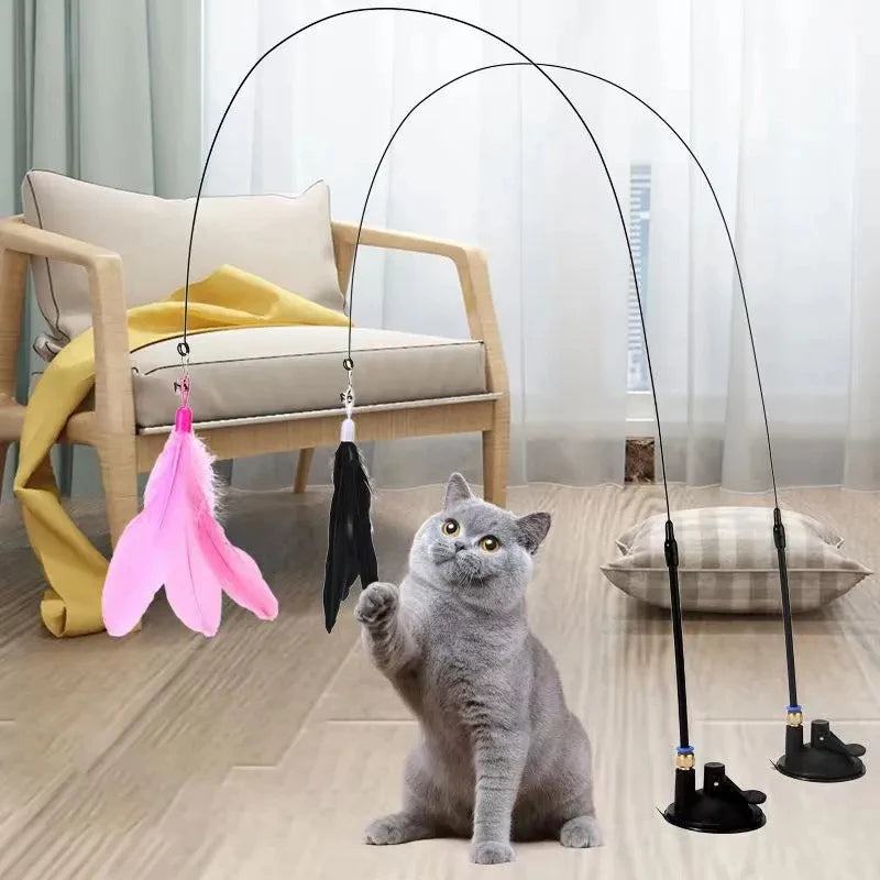 Cats Toys Feathers Wand Interactive with Super Suction Cup Detachable