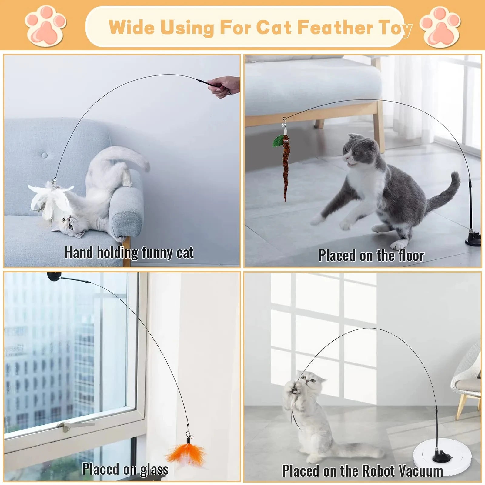 Cats Toys Feathers Wand Interactive with Super Suction Cup Detachable